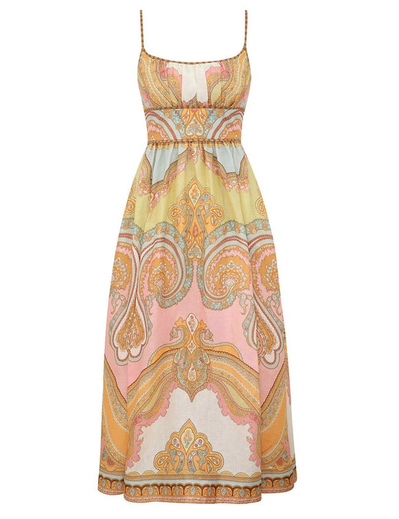 Maxine Picnic Midi Dress - Gold Paisley