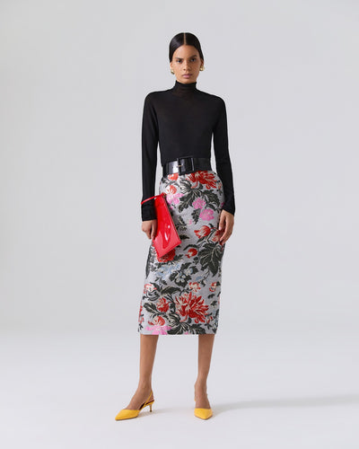 Floral Jacquard Midi Skirt - Melange Gray Multi