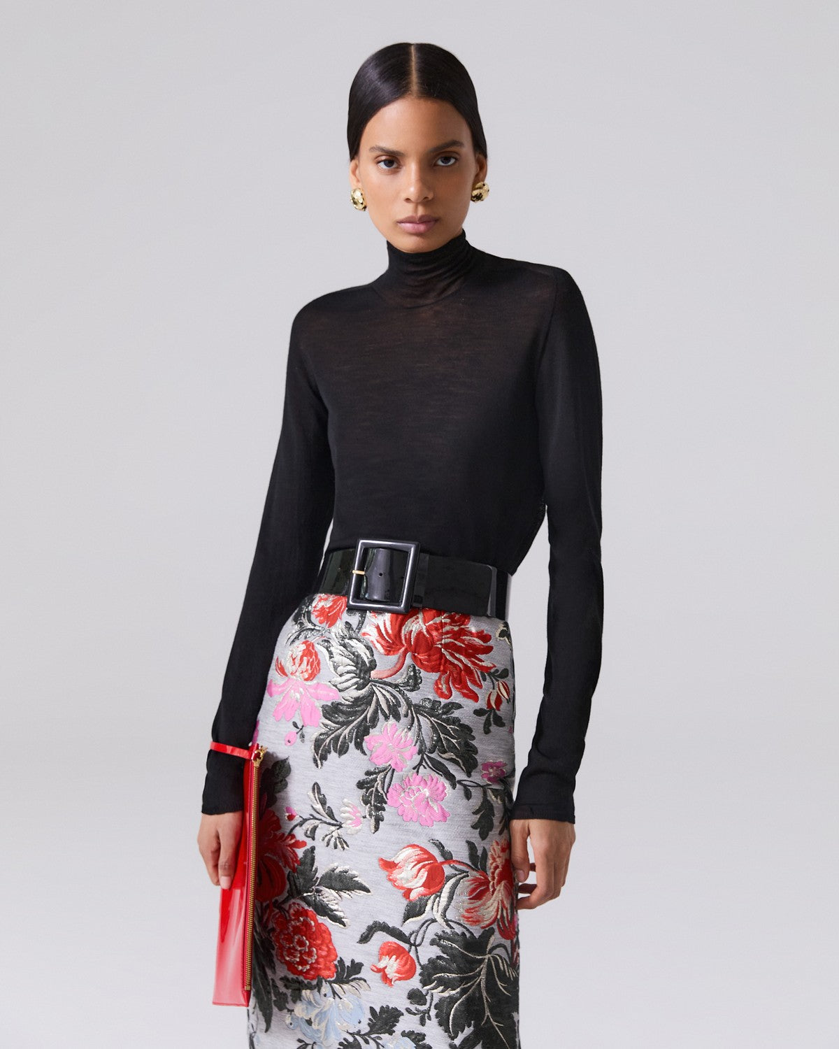 Floral Jacquard Midi Skirt - Melange Gray Multi