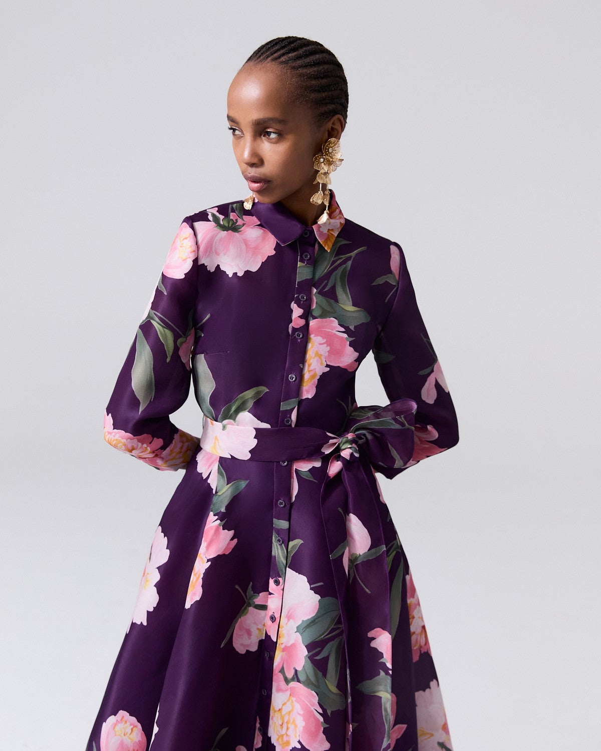 Peony-Print Trench Gown - Fig Multi