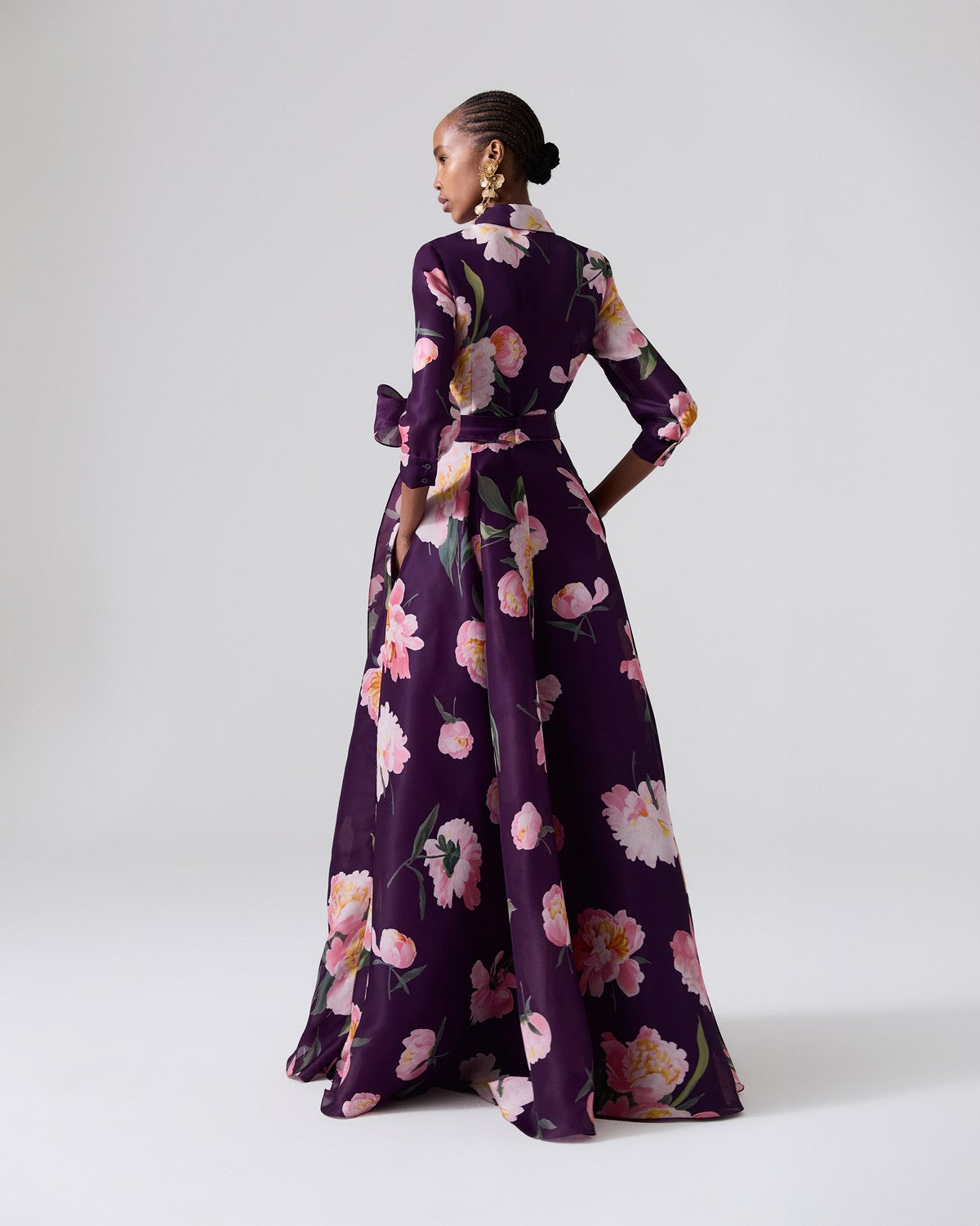 Peony-Print Trench Gown - Fig Multi