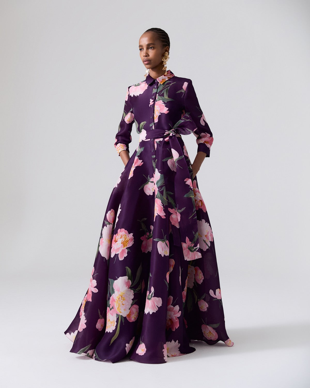 Peony-Print Trench Gown - Fig Multi