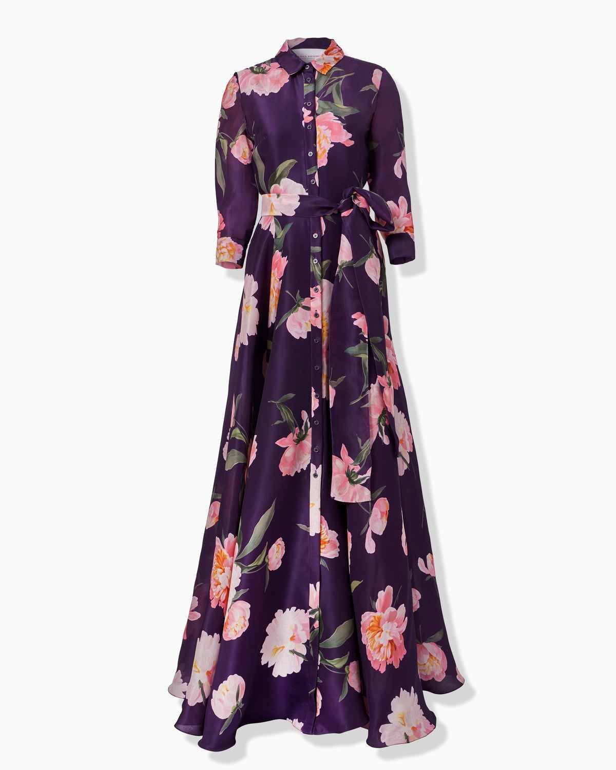 Peony-Print Trench Gown - Fig Multi