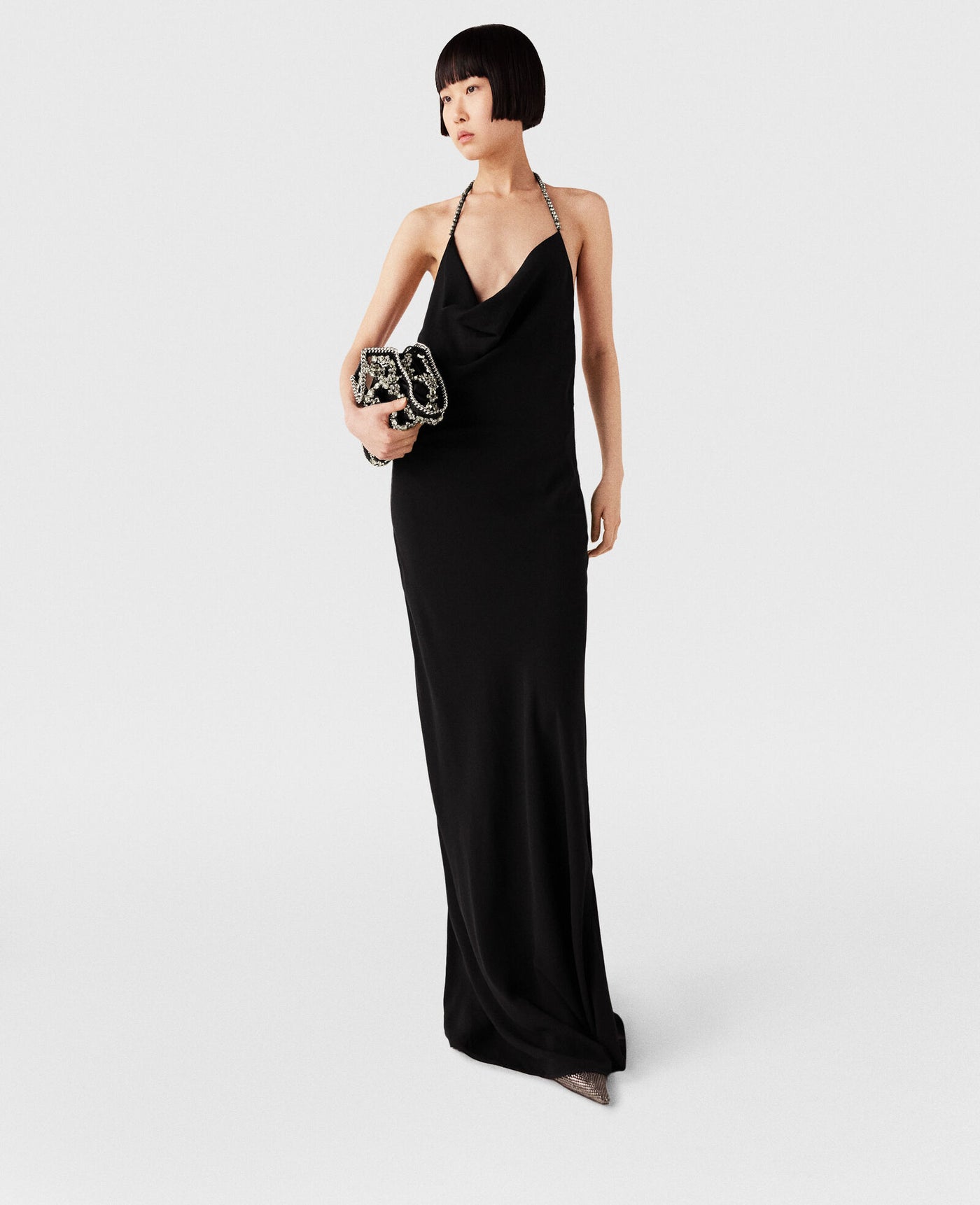 Plunge Crystal Halterneck Maxi Dress - Black/Silver