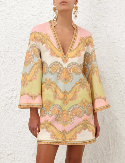 Maxine Tunic Mini Dress - Gold Paisley