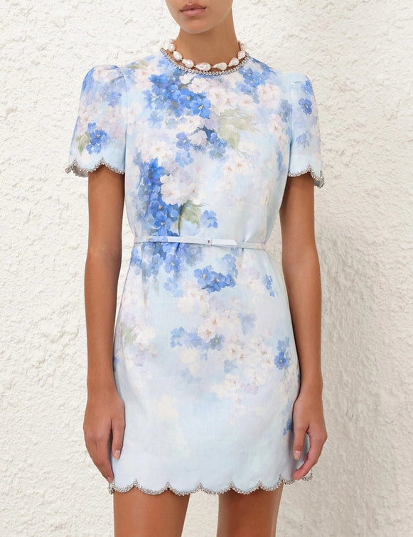 CRUSH SCALLOPED SHIFT DRESS - Blue Floral