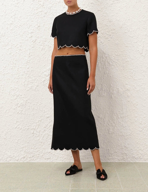 Crush Scalloped Midi Skirt - Black