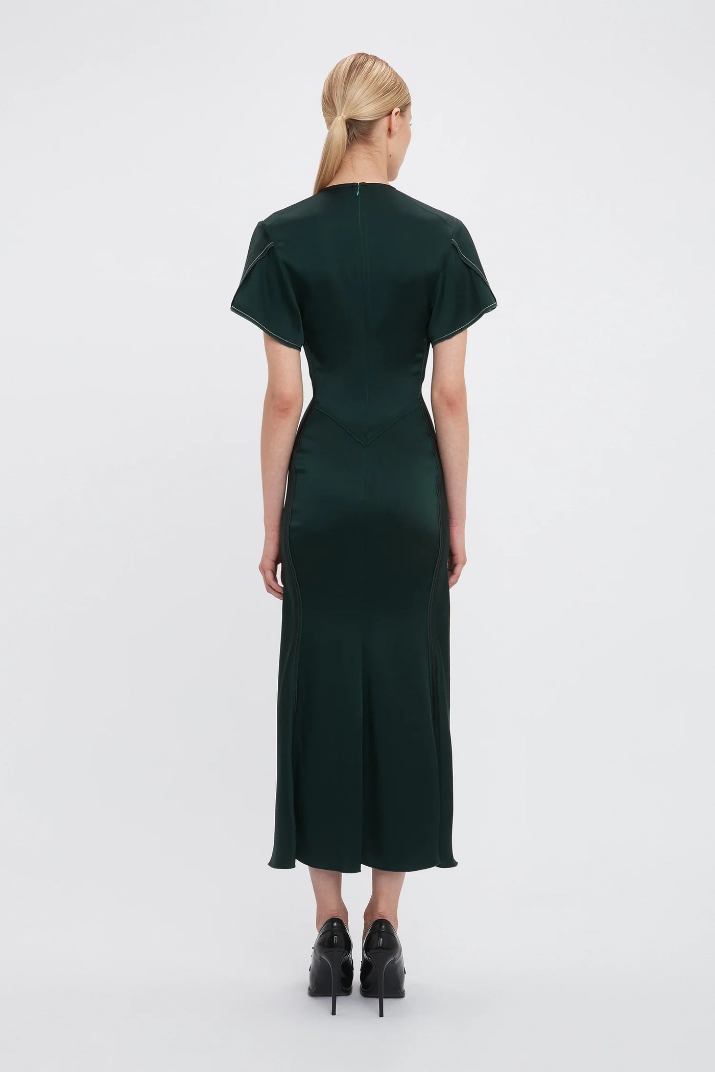 Gathered V-Neck Midi Dress - Seaweed