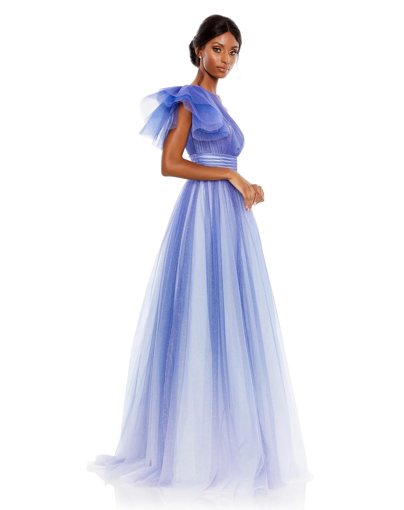 GLITTER OMBRE RUFFLED ONE SHOULDER BALLGOWN - Royal Ombre