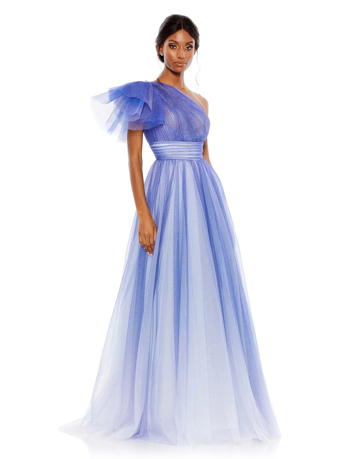 GLITTER OMBRE RUFFLED ONE SHOULDER BALLGOWN - Royal Ombre