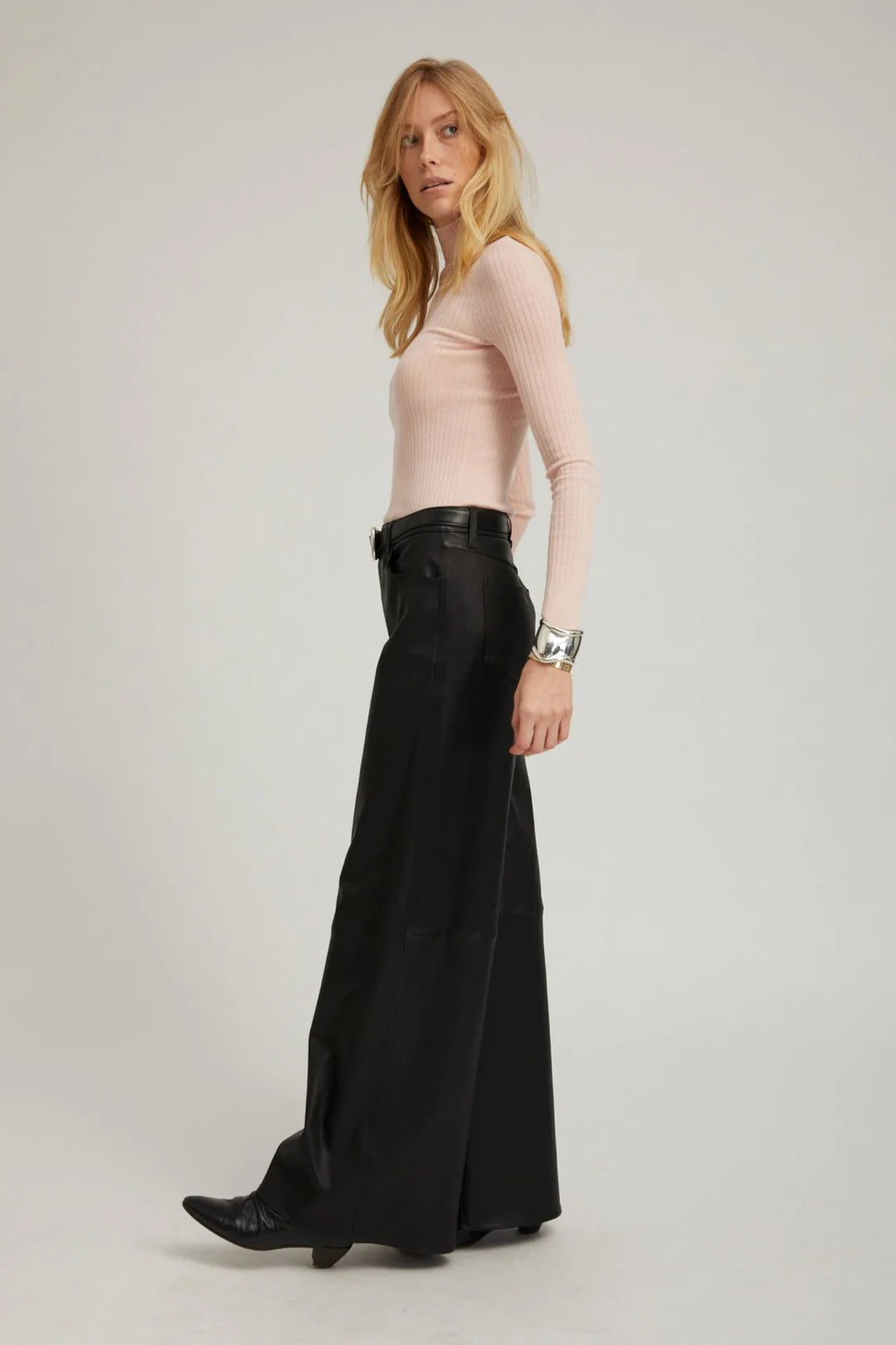 Leather 5 Pocket Mid Rise Wide Leg Pants - Black