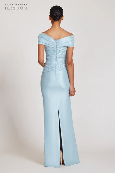 Stretch Metallic Taffeta Off The Shoulder Gown - Ice Blue