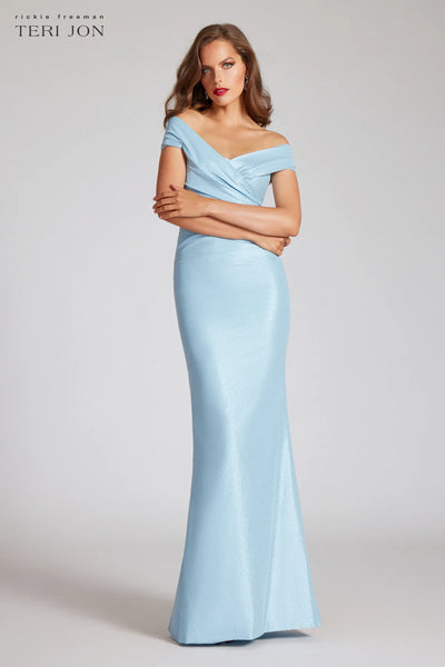 Stretch Metallic Taffeta Off The Shoulder Gown - Ice Blue