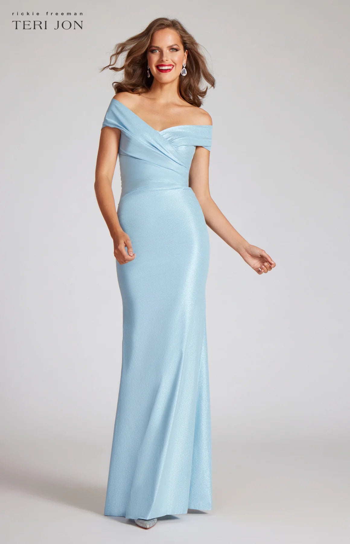 Stretch Metallic Taffeta Off The Shoulder Gown - Ice Blue