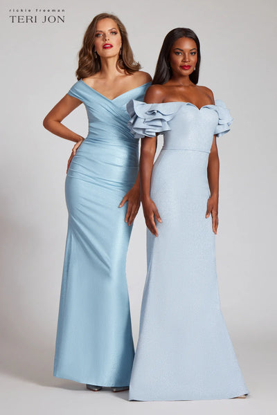 Stretch Metallic Taffeta Off The Shoulder Gown - Ice Blue