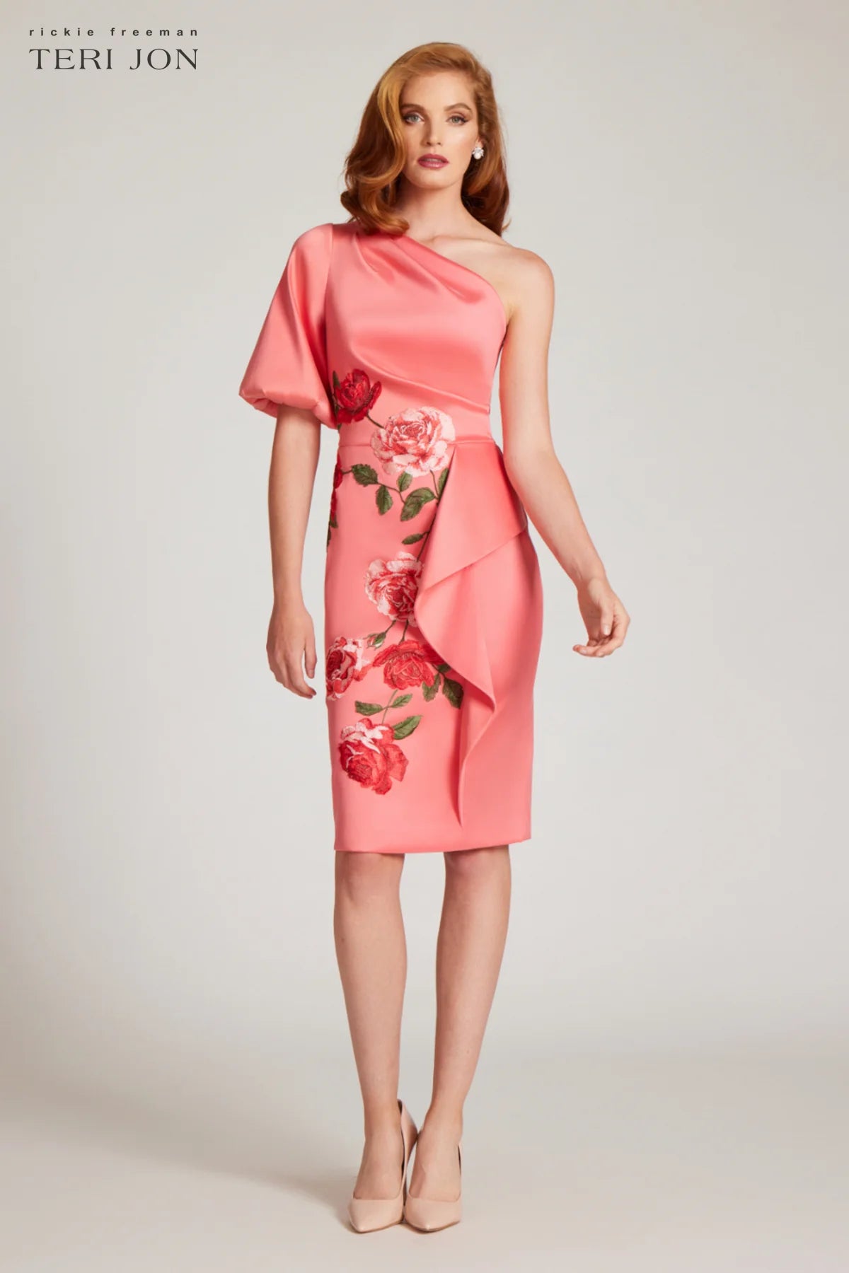 Stretch Gazar One Shoulder Puff Sleeve Dress - Coral