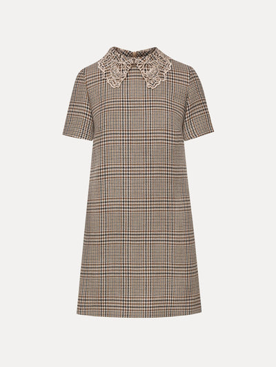 Peony Guipure Collar Plaid Shift Dress - Cocoa Multi