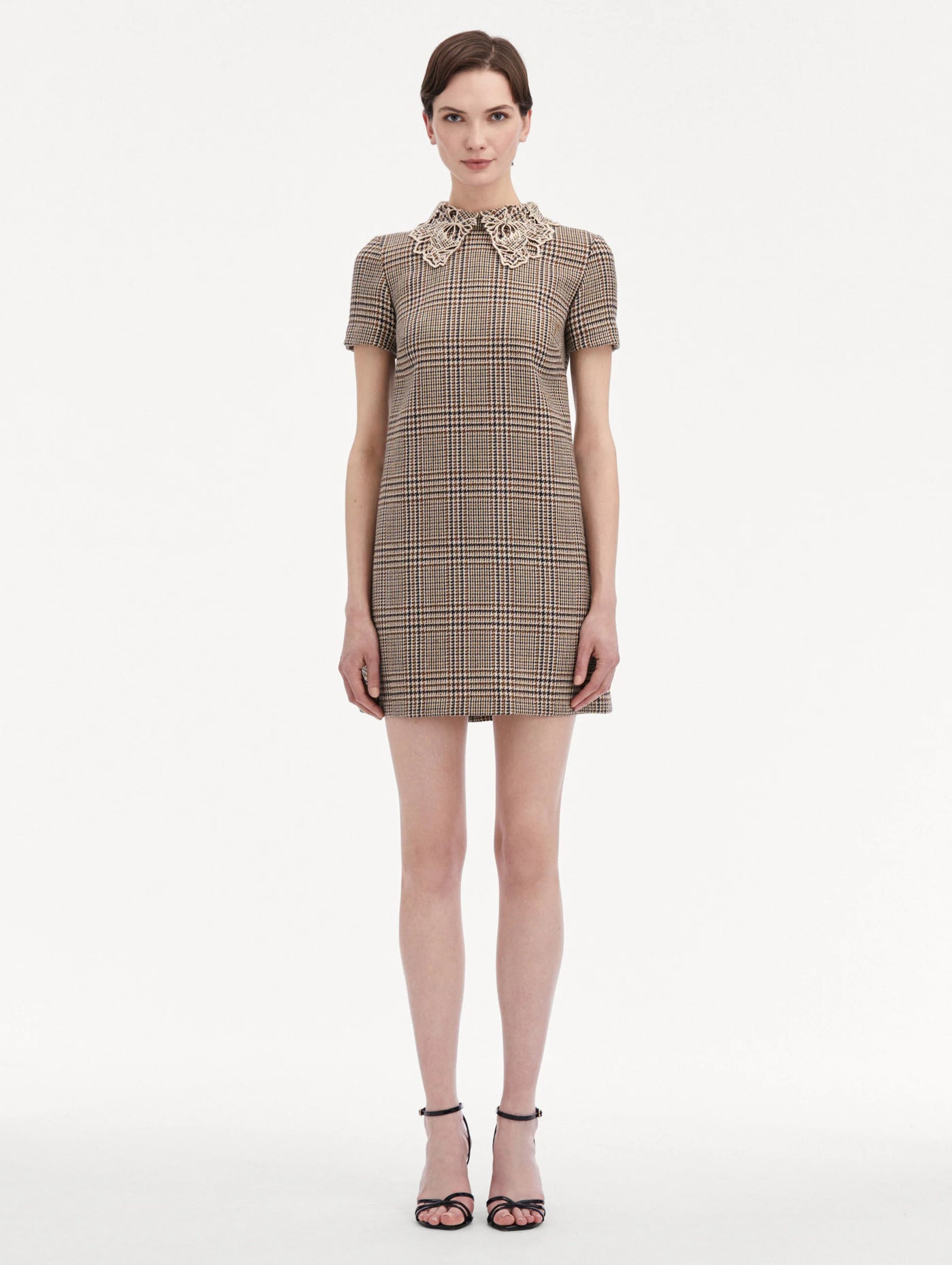 Peony Guipure Collar Plaid Shift Dress - Cocoa Multi