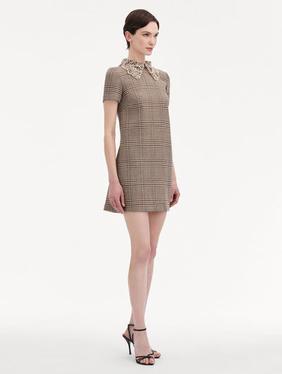 Peony Guipure Collar Plaid Shift Dress - Cocoa Multi