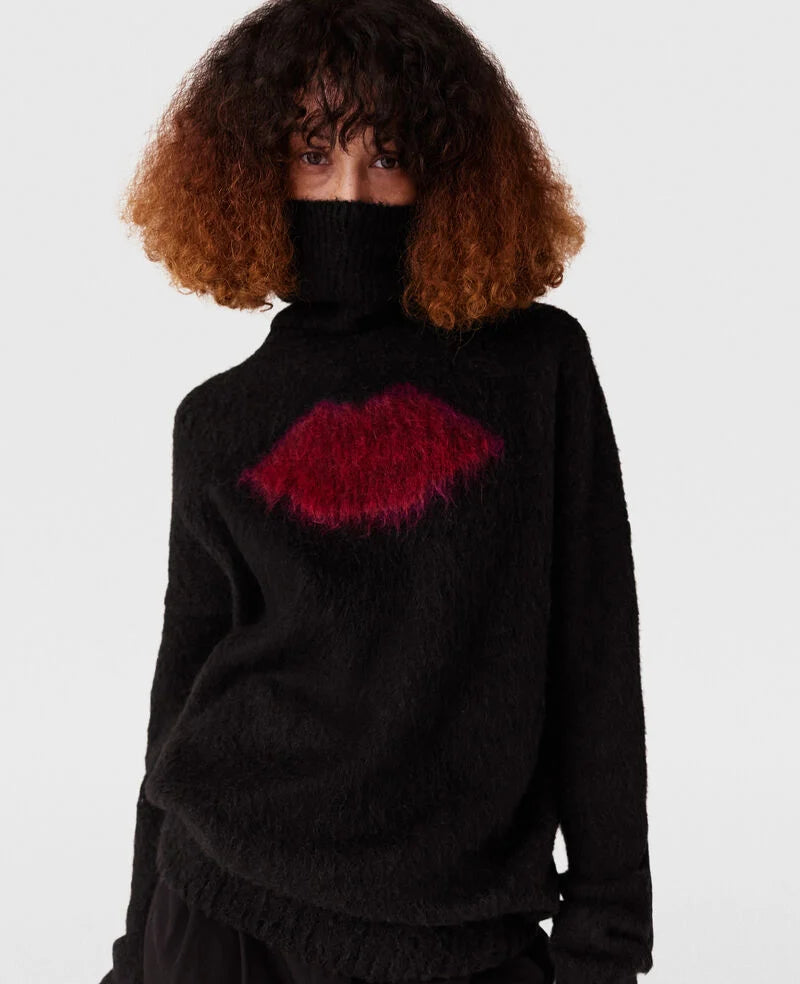 Lips Graphic Long-Sleeve Turtleneck Jumper - Black/Red