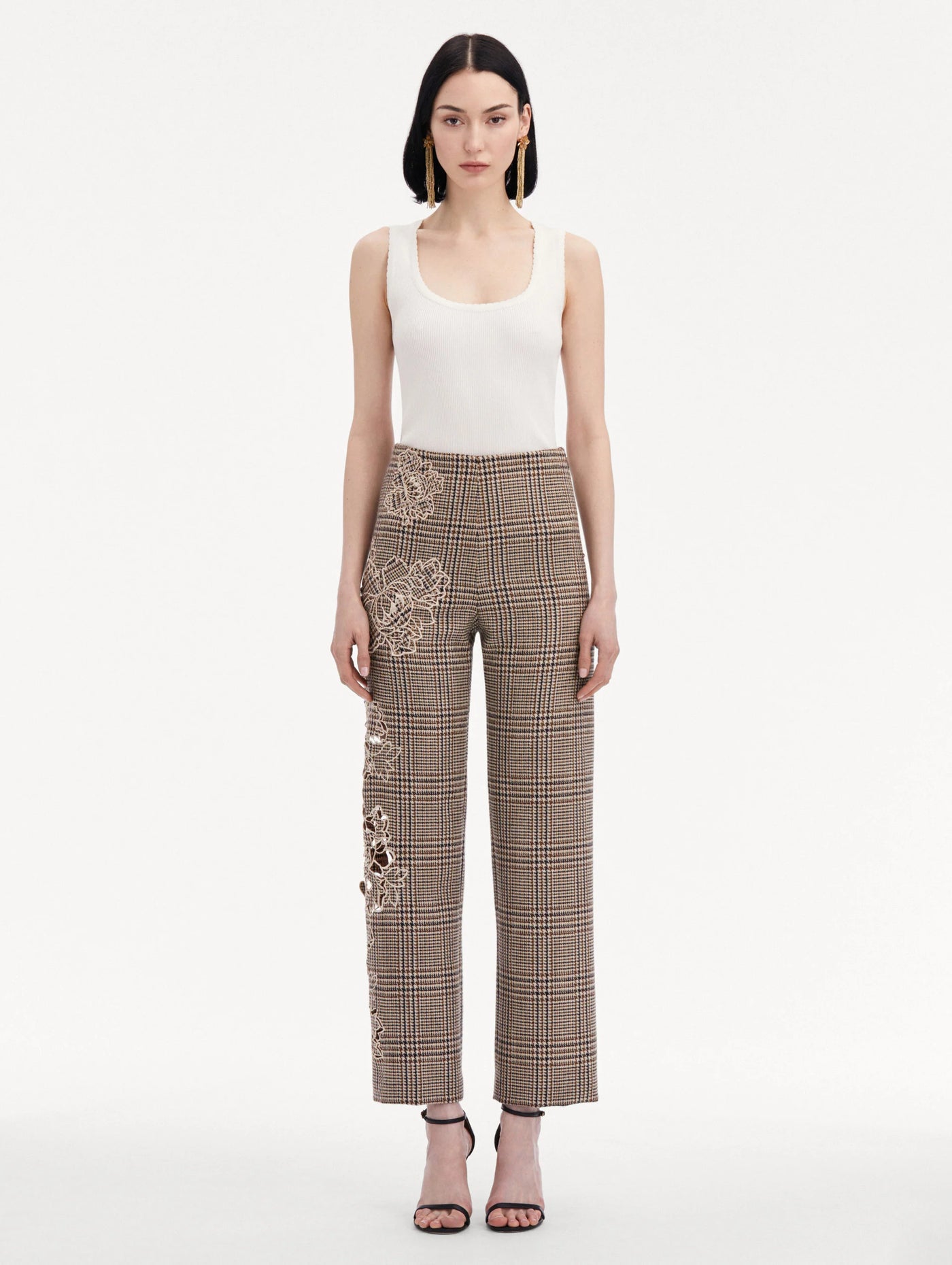 Peony Guipure Appliqué Plaid Pant - Cocoa Multi