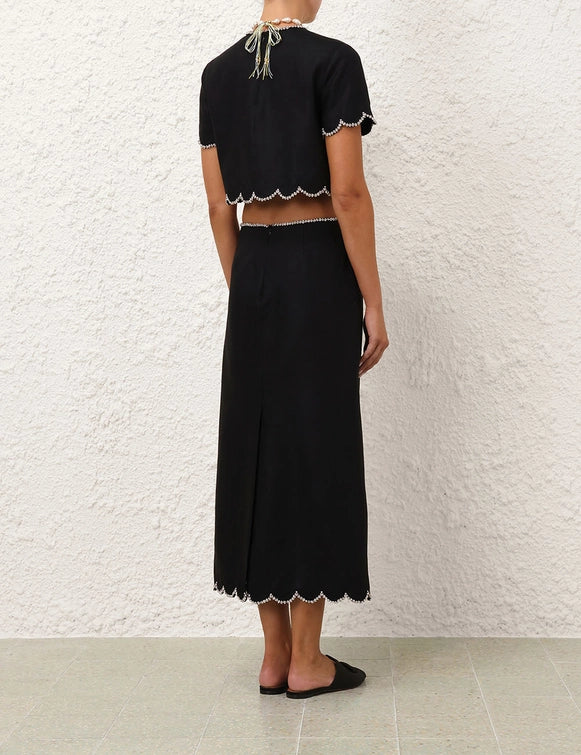 Crush Scalloped Midi Skirt - Black