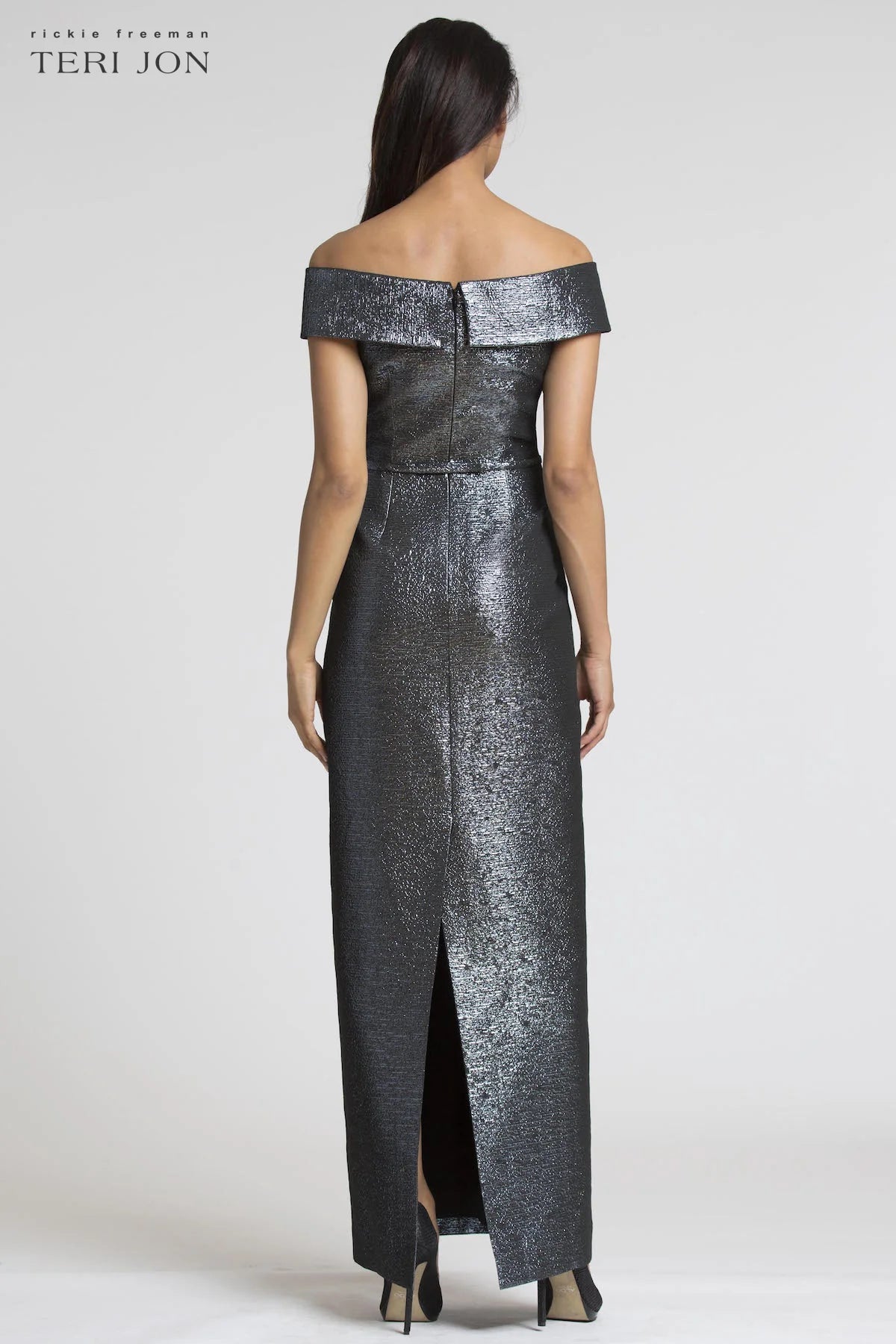 Jacquard Off The Shoulder Column Gown - Slate