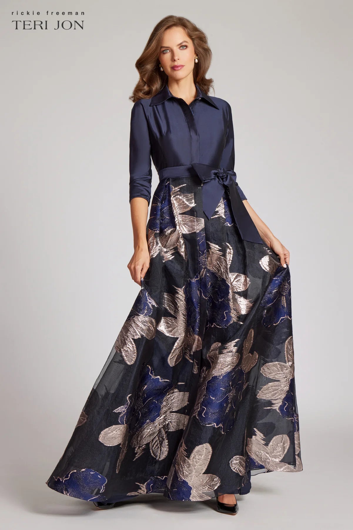 Taffeta Shirtdress With Burnout Floral Print - Navy