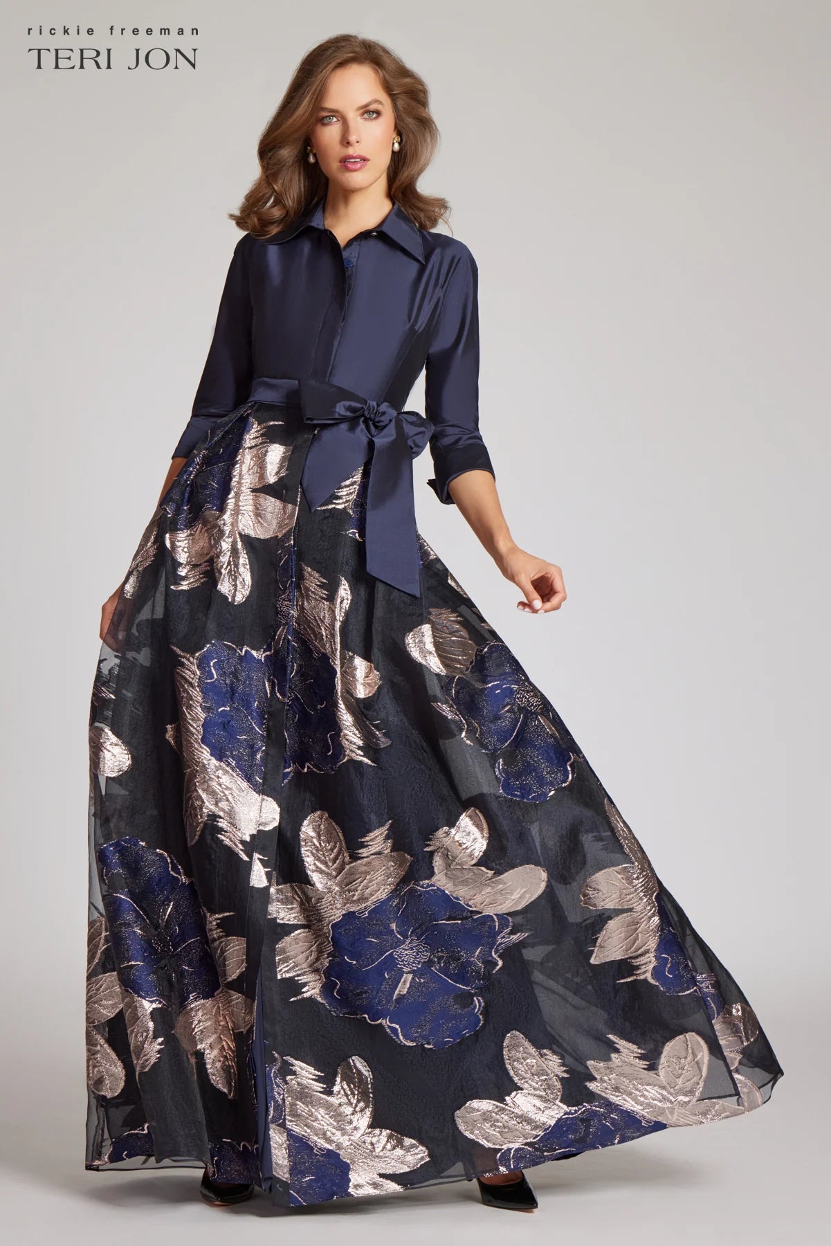 Taffeta Shirtdress With Burnout Floral Print - Navy