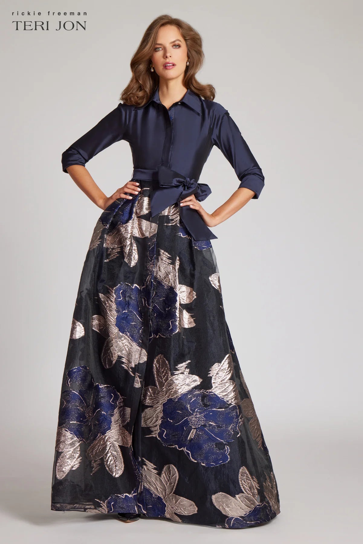 Taffeta Shirtdress With Burnout Floral Print - Navy