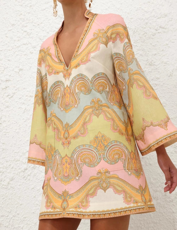 Maxine Tunic Mini Dress - Gold Paisley