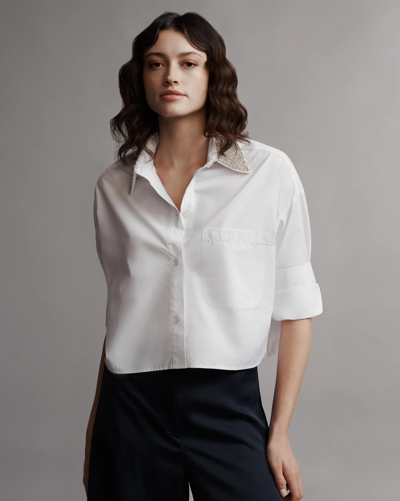 Next Ex With Crystal Collar in Cotton Shirting - White