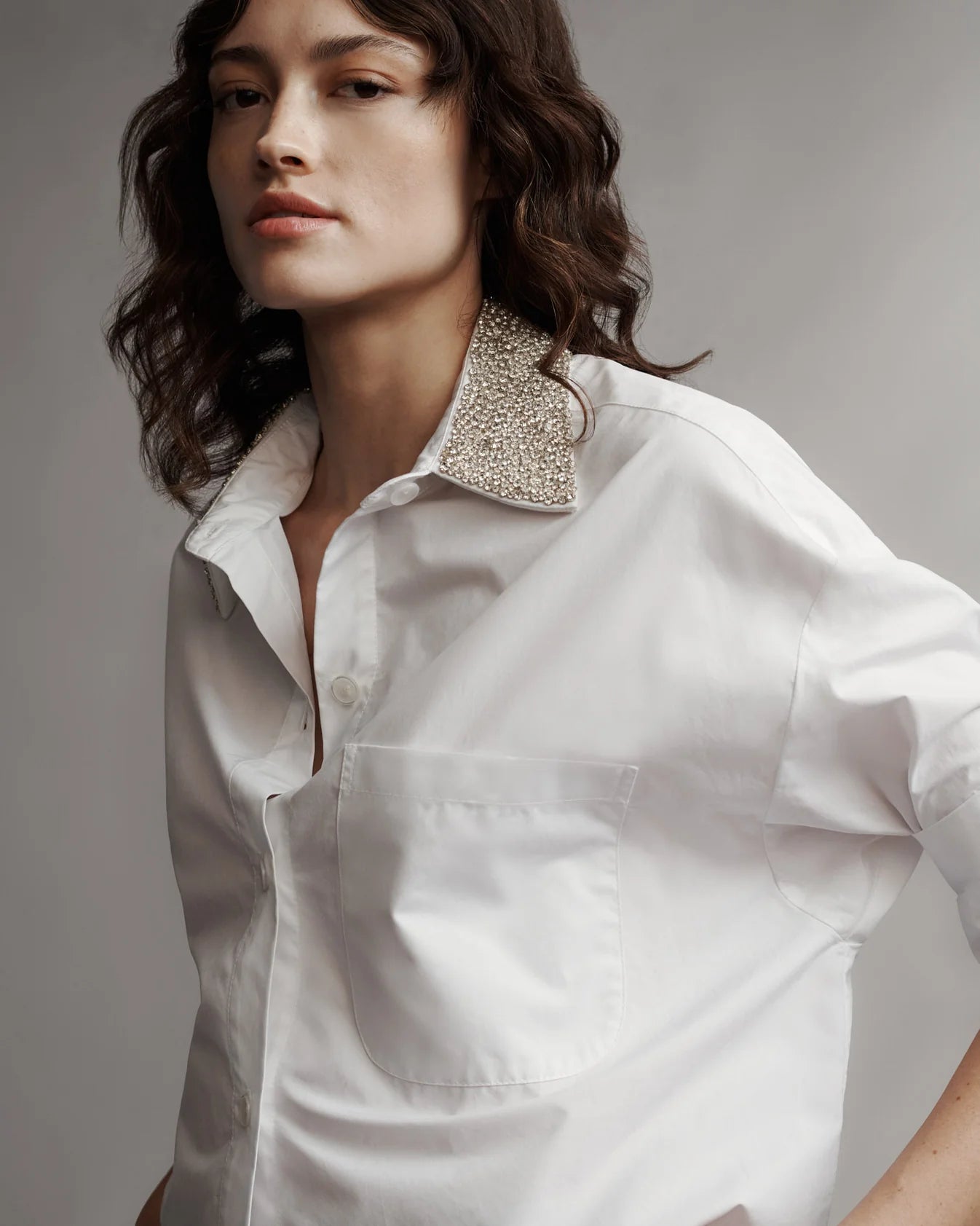 Next Ex With Crystal Collar in Cotton Shirting - White