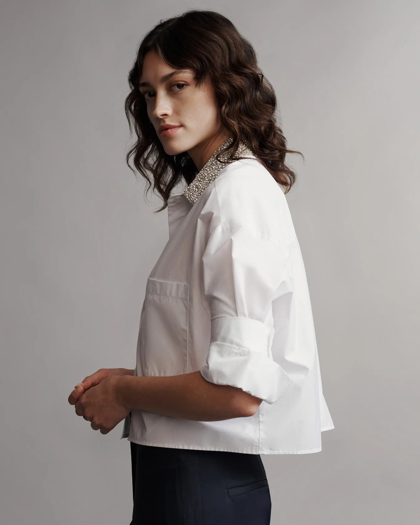 Next Ex With Crystal Collar in Cotton Shirting - White