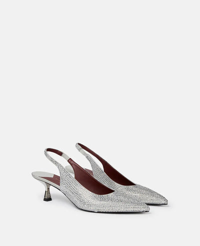 Crystal-Embellished Kitten Heel Slingbacks - Silver