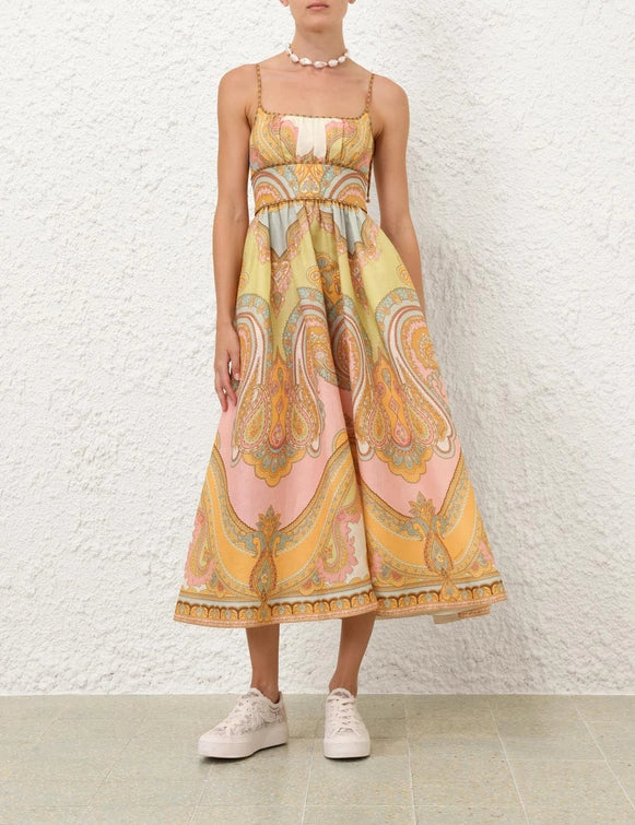 Maxine Picnic Midi Dress - Gold Paisley