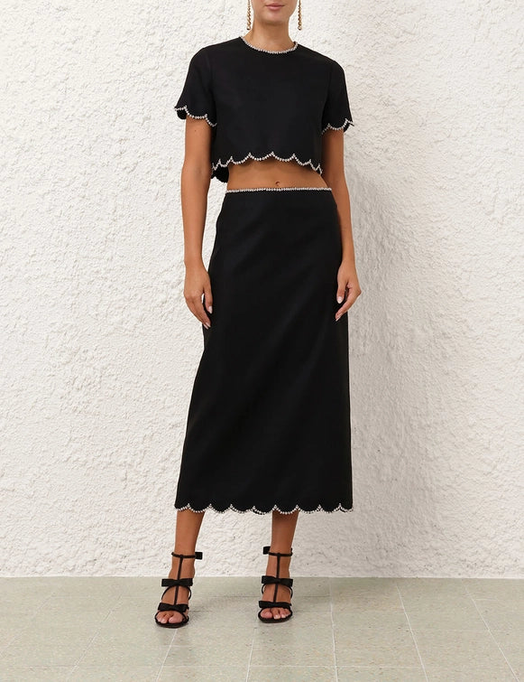 Crush Scalloped Midi Skirt - Black