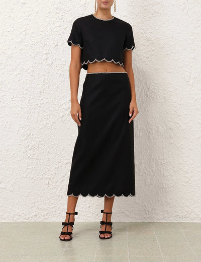 Crush Scalloped Midi Skirt - Black