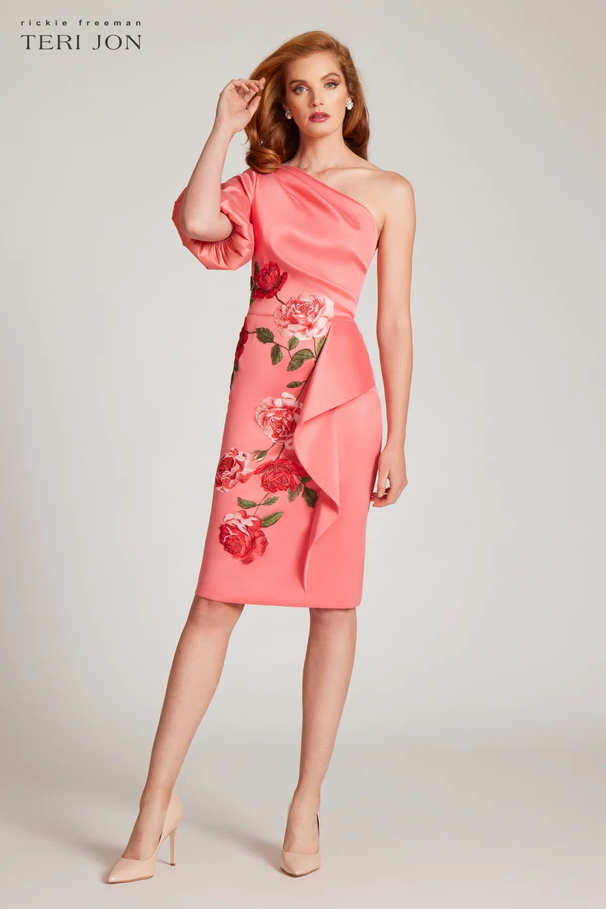 Stretch Gazar One Shoulder Puff Sleeve Dress - Coral