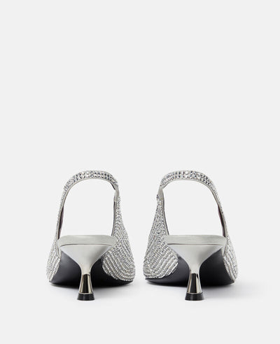 Crystal-Embellished Kitten Heel Slingbacks - Silver