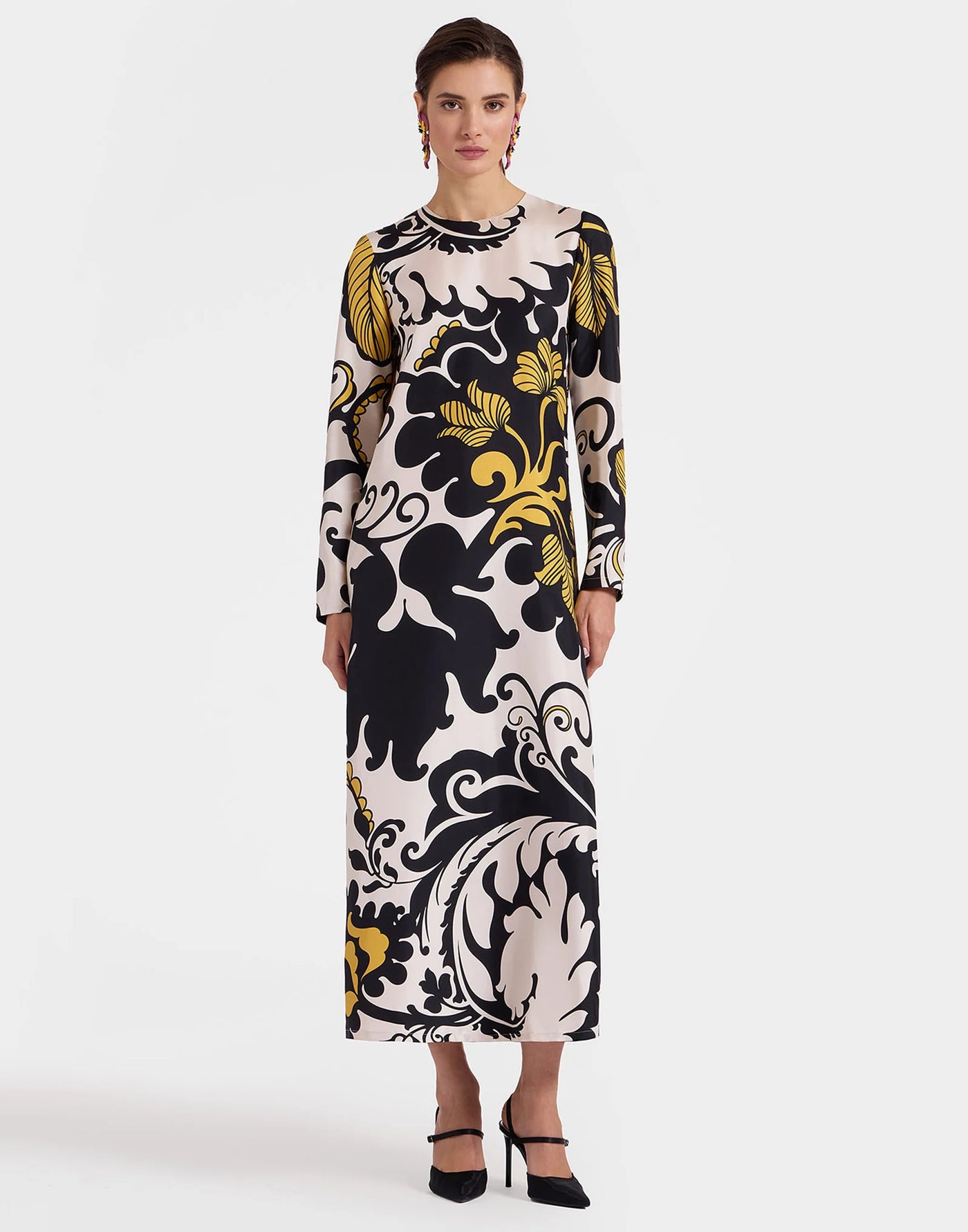 Long Sleeve Swing Dress - Marea Black & White in Silk Twill