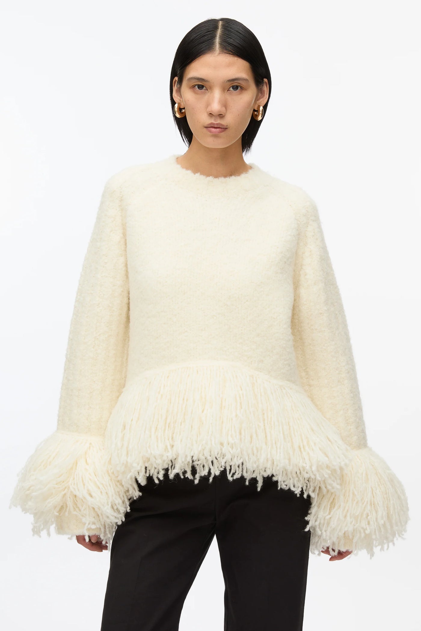 Boucle Fringe Knit Crewneck - Ivory