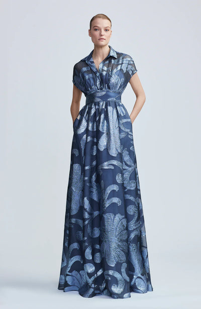 Metallic Floral Fil Coupe Full Skirt Gown - Oxford