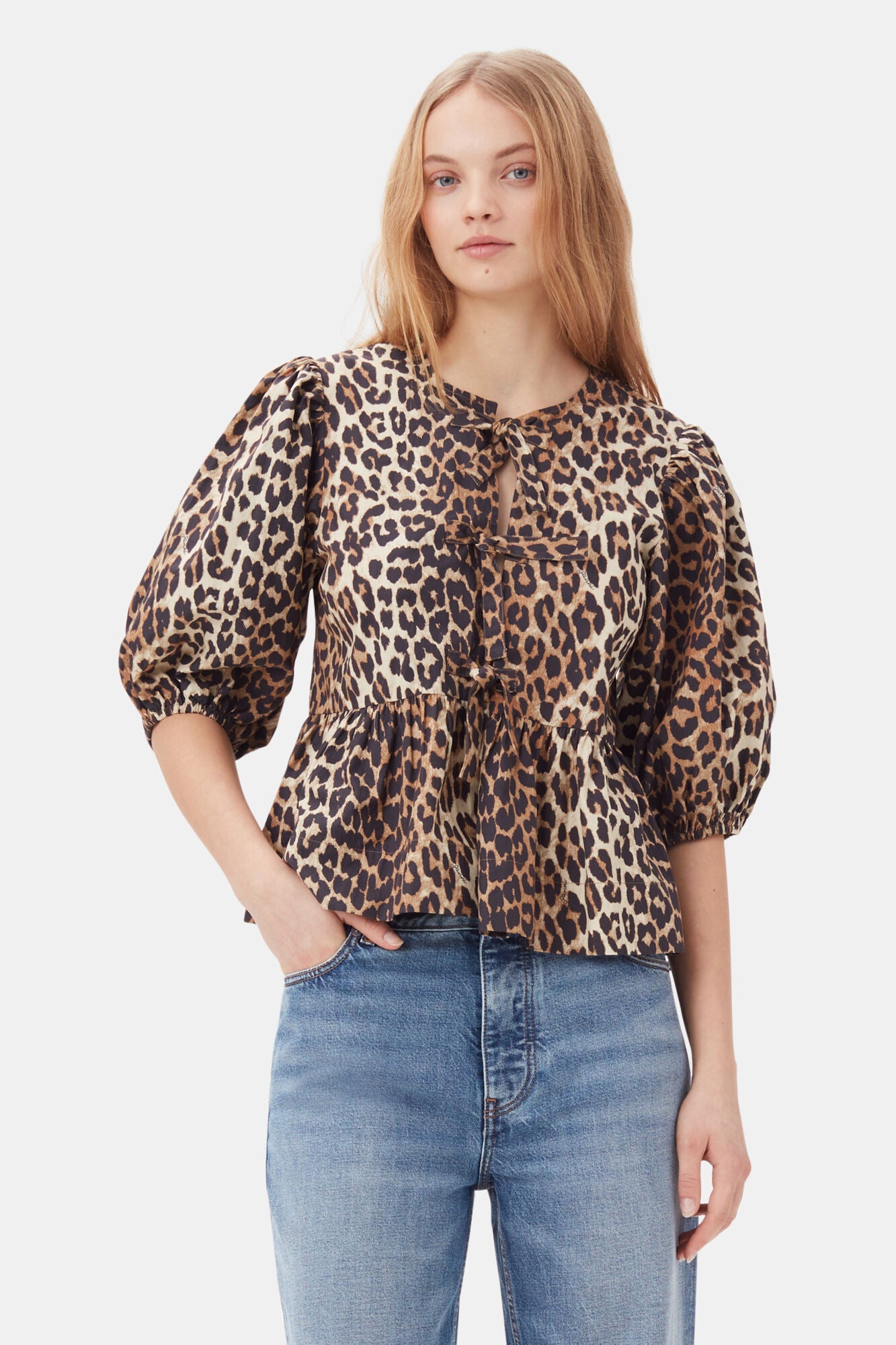 Cotton Poplin Peplum Tie Blouse - Leopard