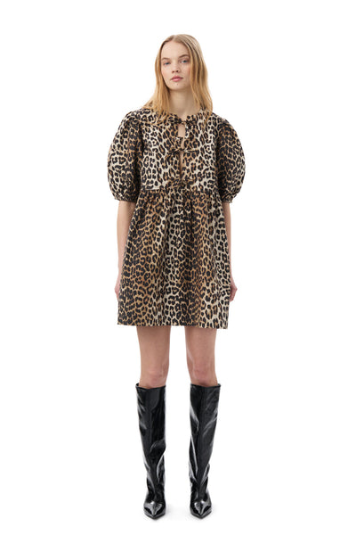 Printed Cotton Tie String Mini Dress - Leopard