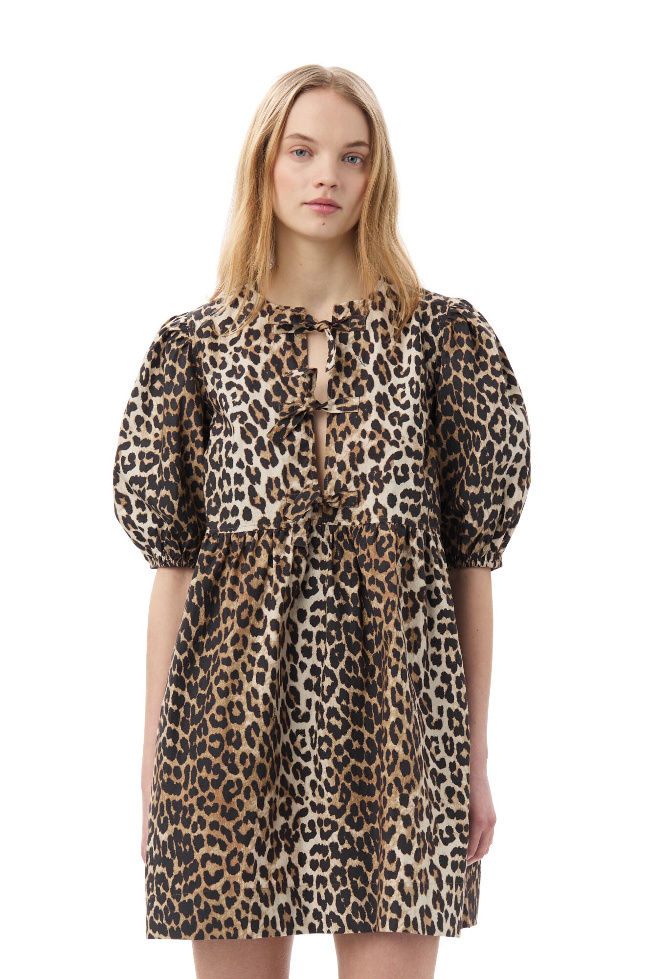 Printed Cotton Tie String Mini Dress - Leopard