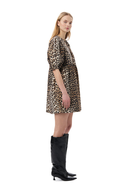 Printed Cotton Tie String Mini Dress - Leopard