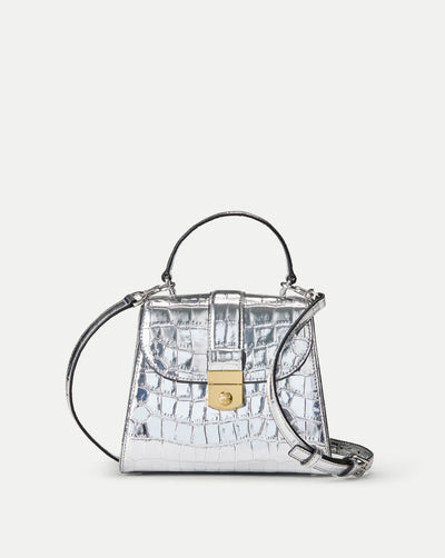 Croc-Embossed Crest Lock Top Handle Bag - Silver