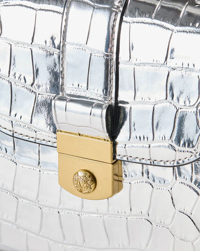 Croc-Embossed Crest Lock Top Handle Bag - Silver