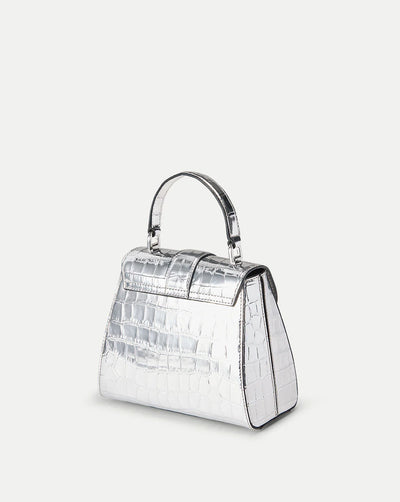 Croc-Embossed Crest Lock Top Handle Bag - Silver